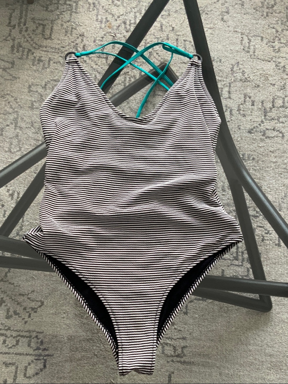 Everyday Sunday Striped Black and White One-Piece Swimsuit with Teal Straps L